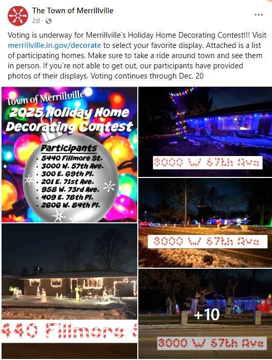 Where to Go For Christmas Lights 112 TOWN OF MERRILLVILLE indiana holiday decorating contest 2025