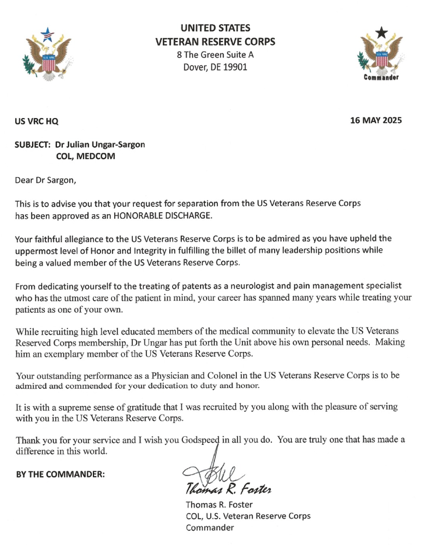Dr. Ungar Receives Honorable Discharge from Veterans Reserve Corps 62 Dr. Ungar Receives Honorable Discharge from Veterans Reserve Corps e1747946893382